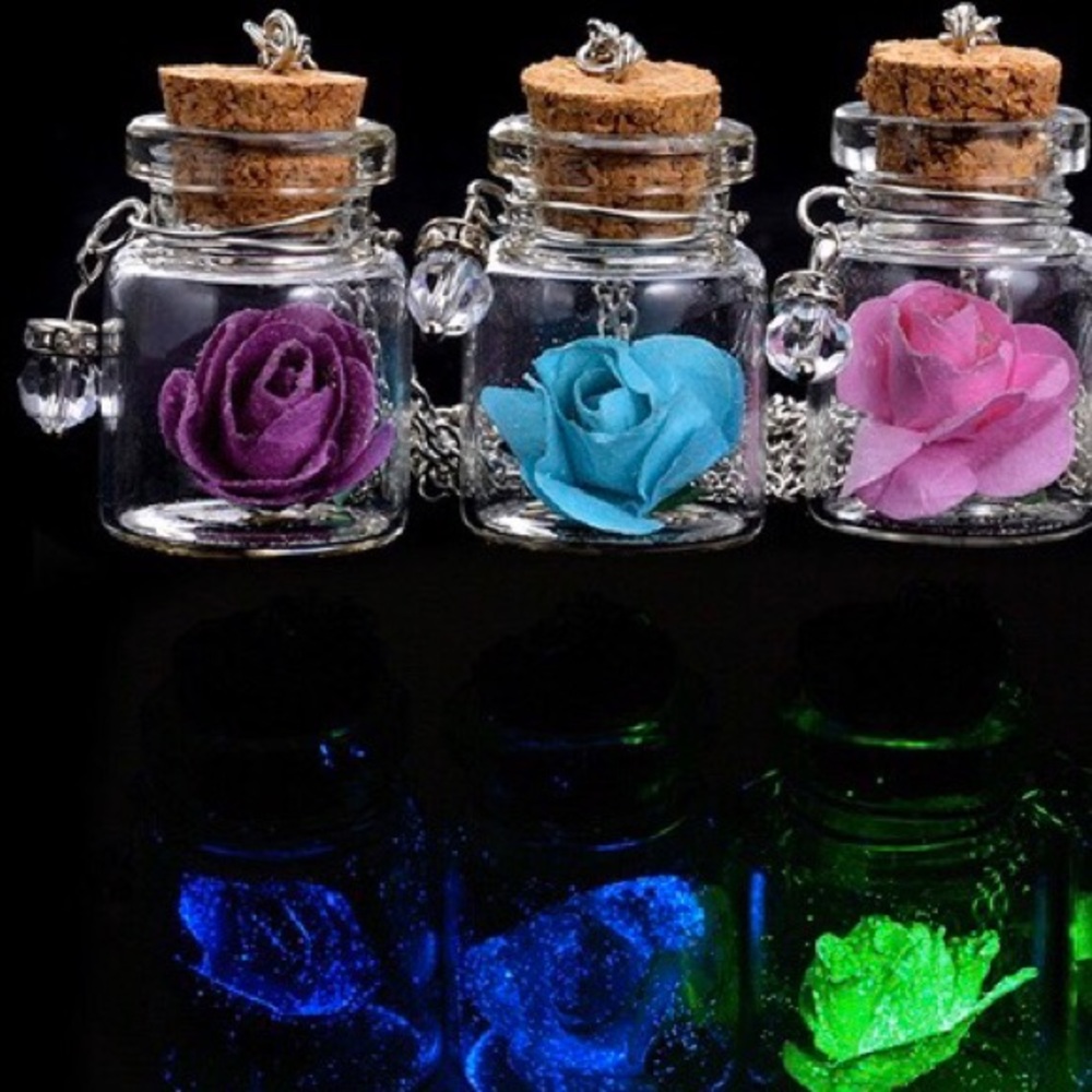 WHITE Glow in the Dark Rose Necklace Glass Bottle